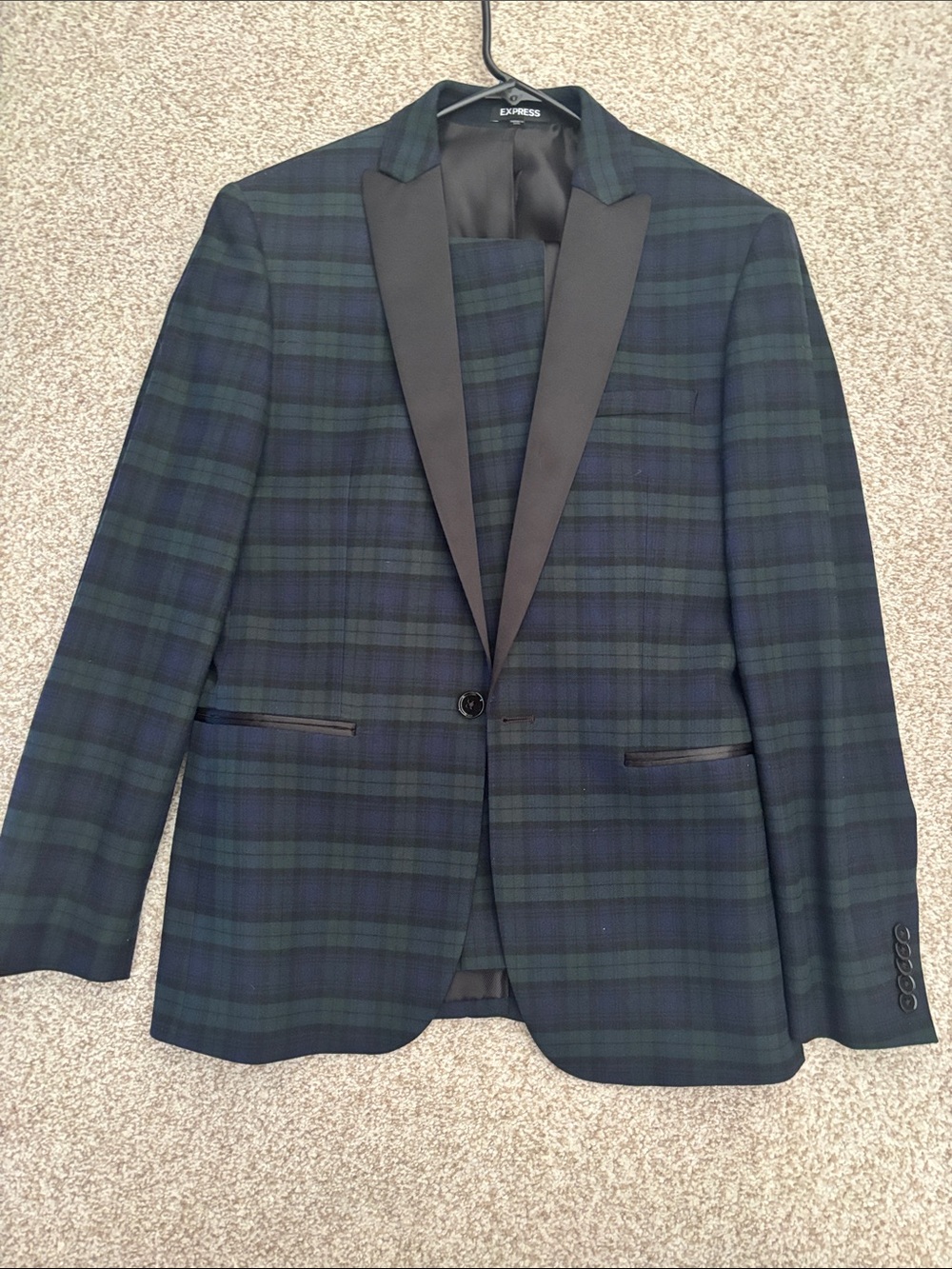 Express Green & Navy Plaid Tuxedo Blazer and Pants with Satin Lapels